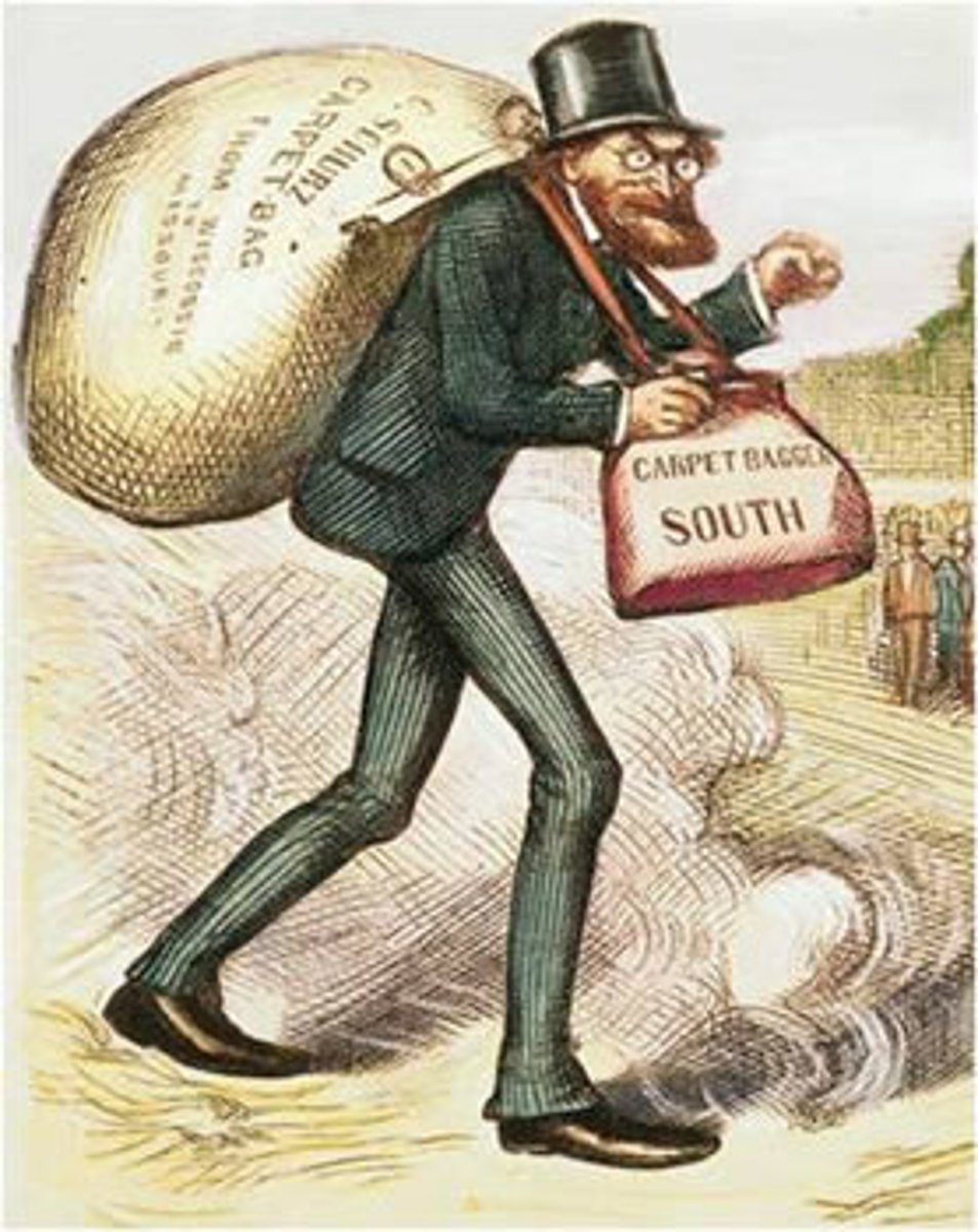 <p>Northerners who went south for economic opportunity and political power.</p><p>-- Half of the Republican governors, senators, and congressmen were northern whites, many of them former Union officers who worked at the Freedmen's Bureau. Built numerous businesses.</p>