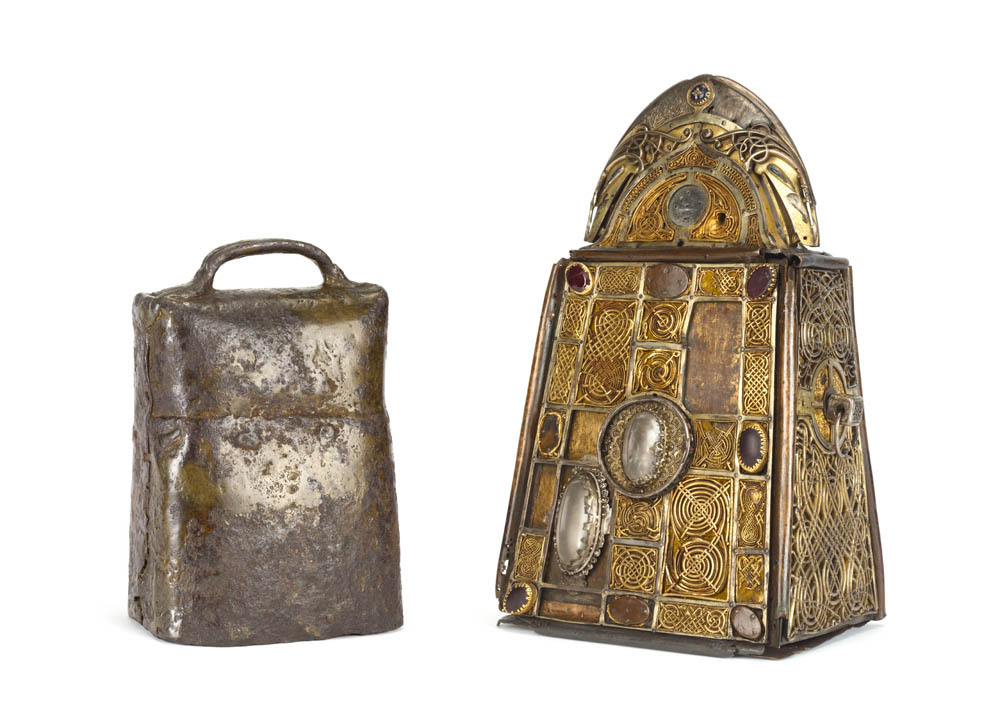 Saint Patrick's Bell and Shrine; bell: 8th–9th century C.E., iron; shrine: c. 1100 C.E., copper-alloy box, silver gilt, gold, silver, gilt-copper, rock crystal, colored stones, 26.7 x 15.5 cm