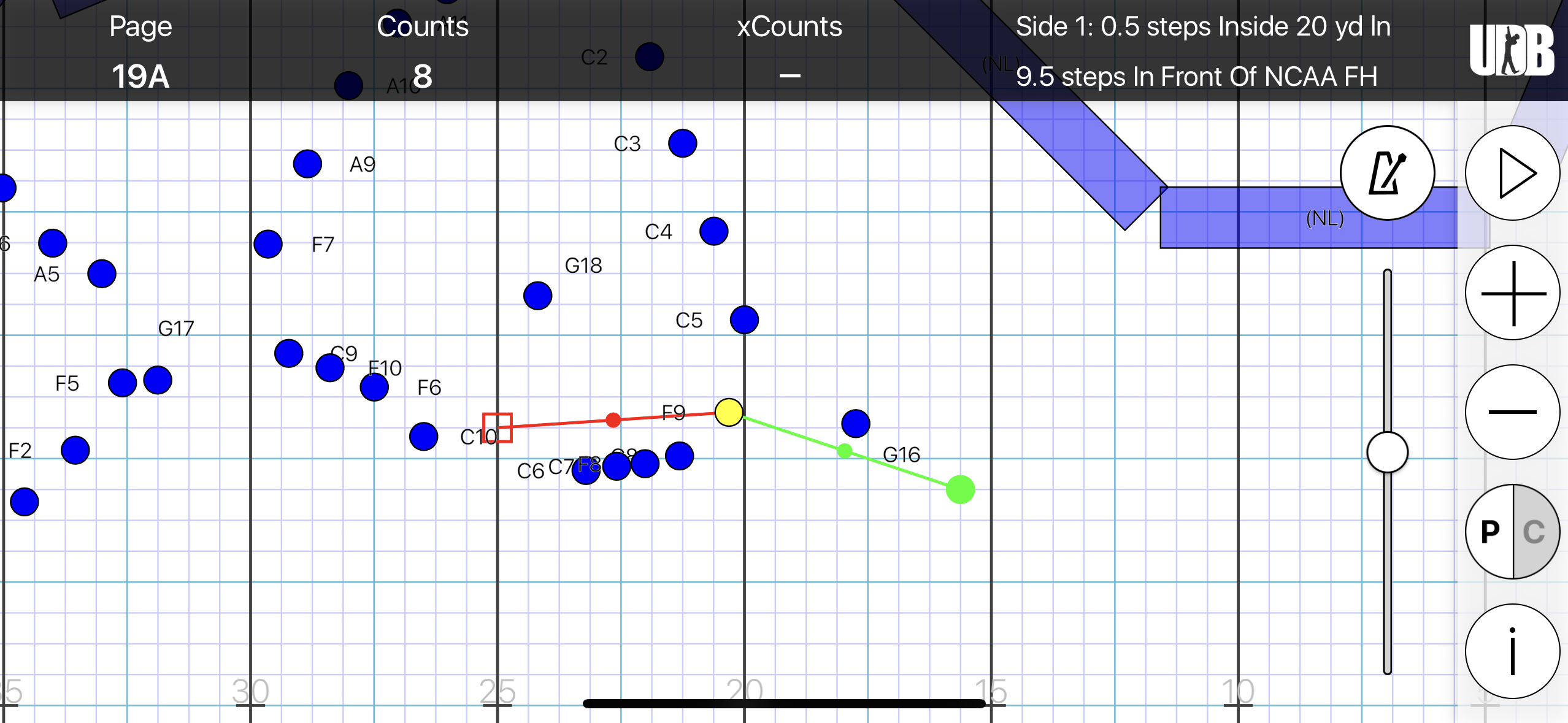 <p>STS: Side 1, 0.5 steps inside 20 yd ln</p><p>FTB: 9.5 steps in front of FH</p><p>SS: 8.5 to 5 for 8 counts</p><p>XC: N/A</p>