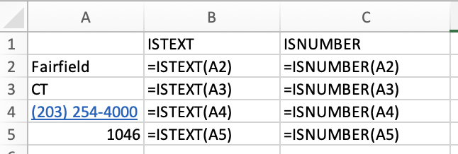 <p>Given the image below, the formula =ISTEXT(A4) will return the result as:</p>