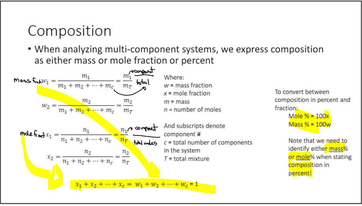 w = mass fraction
x = mole fraction
m = mass
n = # of moles

numerator = component
denominator = total

mass fraction = m1/mT
mole fraction = n1/nT

*Remember Wm1 + ...Wmc = 1 (or n). Wm1 =/ Xm1.