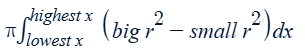 <p>Washer method with respect to x</p><p>* Each radius is upper − lower</p><p></p>