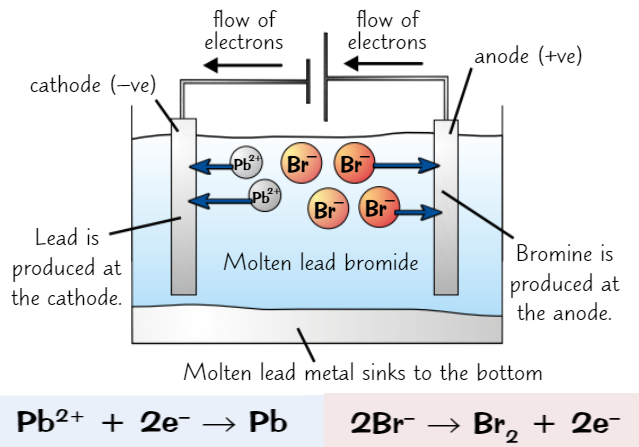 <ul><li><p><strong><span style="color: blue">+ve</span></strong> Pb<span>²⁺ ions are attracted to </span><strong><span style="color: blue">-ve cathode</span></strong><br><span>At </span><strong><span style="color: blue">cathode</span></strong><span>, lead ion </span><strong><span>accepts two electrons </span></strong><span>and is reduced to </span><strong><span>lead atom</span></strong></p></li><li><p><strong><span style="color: red">-ve</span></strong><span> Br⁻ are attracted to </span><strong><span style="color: red">+ve anode</span></strong><br><span>At </span><strong><span style="color: red">anode</span></strong><span>, two bromide ions </span><strong><span>lose one electron </span></strong><span>each and are oxidisde to </span><strong><span>bromine molecule</span></strong></p></li><li><p><strong><span>Electrodes </span></strong><span>are made from </span><strong><span>inert</span></strong><span> (unreactive) material so </span><strong><span>don’t</span></strong><span> take part in reaction </span></p></li></ul>