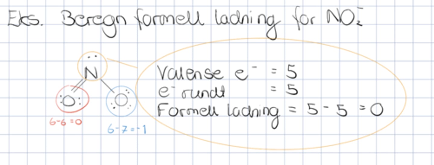 <p>Formell ladning =</p><p># valense e- atomet bidrar med - # elektroner rundt atomet</p><p>For resonansstrukturer vil den laveste verdien av formell ladning være den mest stabile strukturen. </p><p>For elektronegative atomer ønsker vi en negativ formell ladning</p>