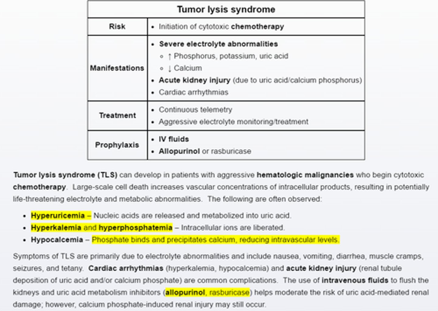 <p>Pts with aggressive hematologica malignancies are at risk for tumor lysis syndrome when initiated on cytotoxic chemotherapy.</p><p>Intracellular contents are released, resulting in hyperuricemia, hyperkalemia, hyperphosphatemia, and hypocalcemia due to calcium phosphate binding. Major complications include acute renal injury (uric acid/calcium phophate tubular injury) and cardiac arrthymias. Pretreatment with intravenous fluids and allopurinol reduces the risk of uric acid induced kidney injury.</p>