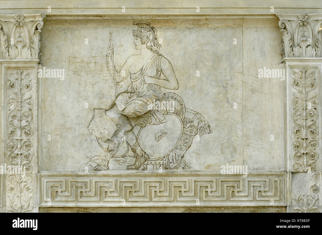 <ul><li><p><span>Roma</span></p><ul><li><p><span>Depicts Roma, personification fo Rome, seated on a pile of captured weapons and armor</span></p></li><li><p><span>Appears strong and serene, holding a spear, symbolizing military might and victory</span></p></li><li><p><span>Peace through strength</span></p></li></ul></li></ul><p></p>