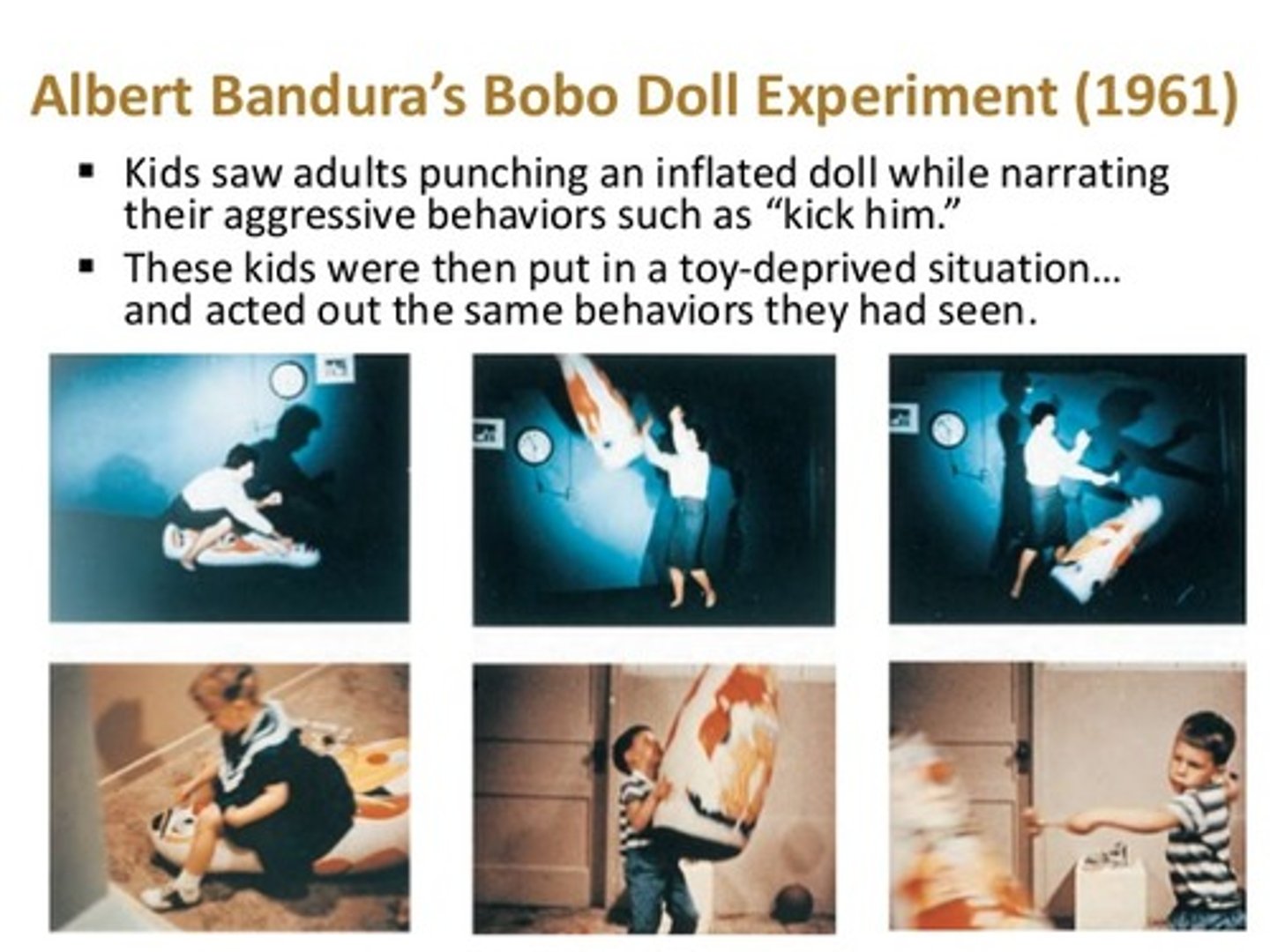 <p>Kids observed a man beating up a Bobo Doll. After the children were tasked with putting together a frustrating puzzle, they were given the opportunity to play with a room full of toys. Several children copied the man's actions and proceeded to beat up the Bobo Doll. The conclusion was that children can learn through observation.</p>