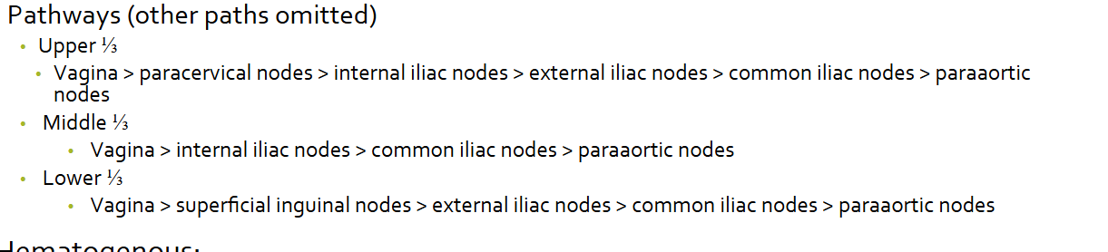 <p>paracervical nodes, internal iliac nodes, superficial inguinal nodes</p>