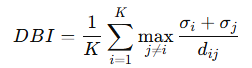<ul><li><p>DBI measures the ratio of intra-cluster spread to inter-cluster separation. Lower values indicate better clustering.</p></li><li><p>For KKK clusters, the DBI is computed as (image): Where:</p><ul><li><p>σi​: Average distance between points in cluster i and the cluster centroid.</p></li><li><p>dij: Distance between centroids of clusters i and j.</p></li></ul></li></ul><p><strong>Intuition</strong></p><ul><li><p>Measures how tightly clusters are grouped (σi\sigma_iσi​) relative to how far apart they are (dijd_{ij}dij​).</p></li><li><p>Smaller DBI values are better because they indicate compact clusters that are well-separated.</p></li></ul><p><strong>When to Use</strong></p><ul><li><p>Suitable for <strong>k-means</strong> and <strong>GMMs</strong>, where centroids and compactness are meaningful.</p></li><li><p>Works well for comparing results across different KKK values.</p></li></ul><p><strong>Strengths</strong></p><ul><li><p>Automatically normalizes the spread and separation.</p></li><li><p>Computationally efficient (O(K⋅n)) compared to silhouette scores.</p></li></ul><p><strong>Limitations</strong></p><ul><li><p>Sensitive to noise and outliers.</p></li><li><p>Assumes centroid-based cluster shapes, so less effective for irregular clusters (e.g., DBSCAN).</p></li></ul><p><strong>How to use it:</strong></p><ul><li><p>Use for quick comparisons of KKK in k-means</p></li></ul><p>or GMMs. Lower DBI values indicate better clustering.</p>