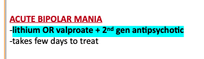 <p>Lithium or valproate + a 2nd generation antipsychotic. No; several days </p>