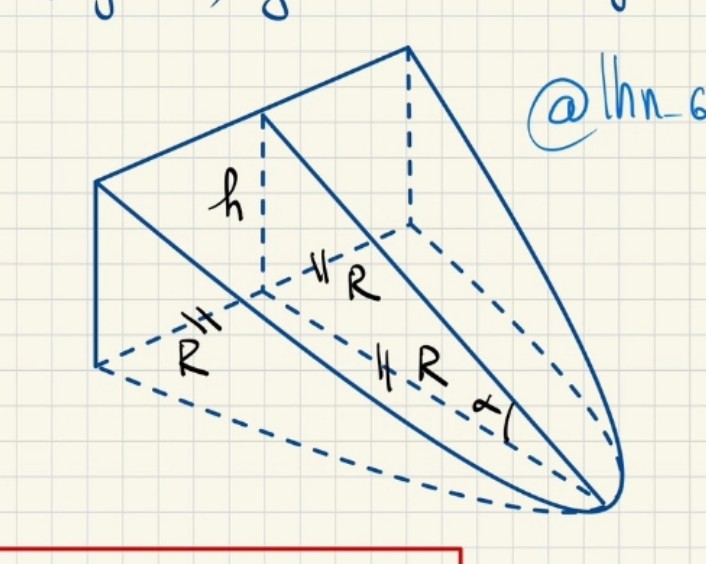 <p>V = (π/2 - 2/3).R².h = (π/2 - 2/3).R³.tana</p>