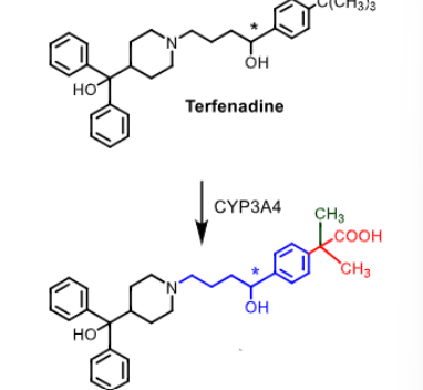 <p><strong>Terfenadine </strong>is metabolized to ___________using ___________</p><p></p><p></p>