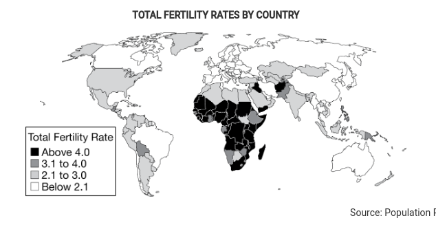 <p><span style="font-family: Roboto, LearnosityMath, Helvetica Neue, Helvetica, Arial, sans-serif">Which of the following describes the spatial pattern shown in the map of total fertility rates?</span></p>