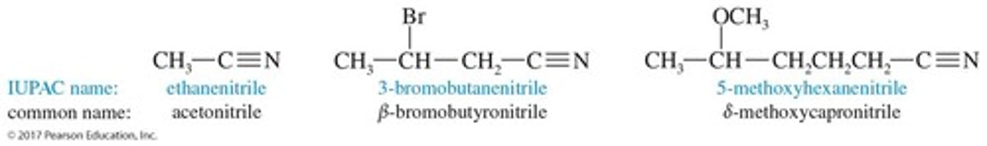 <p>Nitriles contain the cyano group.</p>