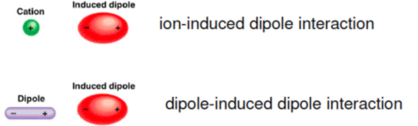 <p>forces arising from temporary dipoles induced in atoms by ions with a permanent dipole (either ion or dipole).</p><p>Temporary dipoles created when non-polar molecule interacts with polar- temporarily shifts the electrostatic charge to attract the polar molecule, then returns when removed</p>