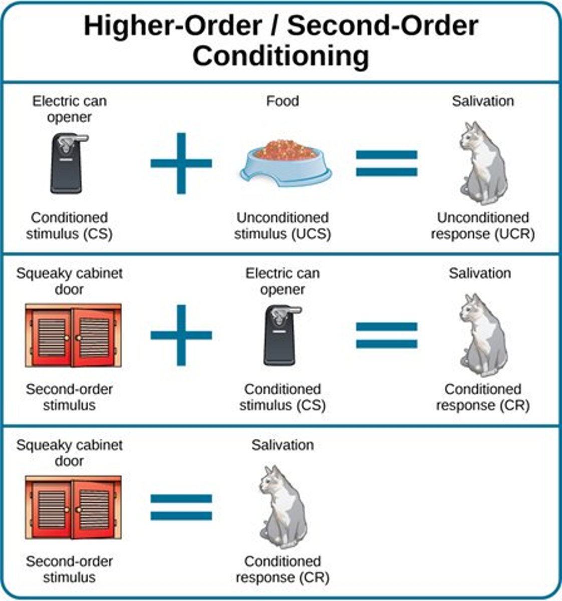<p>a procedure in which the conditioned stimulus in one conditioning experience is paired with a new neutral stimulus, creating a second (often weaker) conditioned stimulus. For example, an animal that has learned that a tone predicts food might then learn that a light predicts the tone and begin responding to the light alone. (Also called second-order conditioning.)</p>