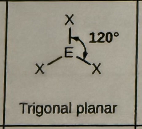 <p>Trigonal planar, 120 degrees</p>