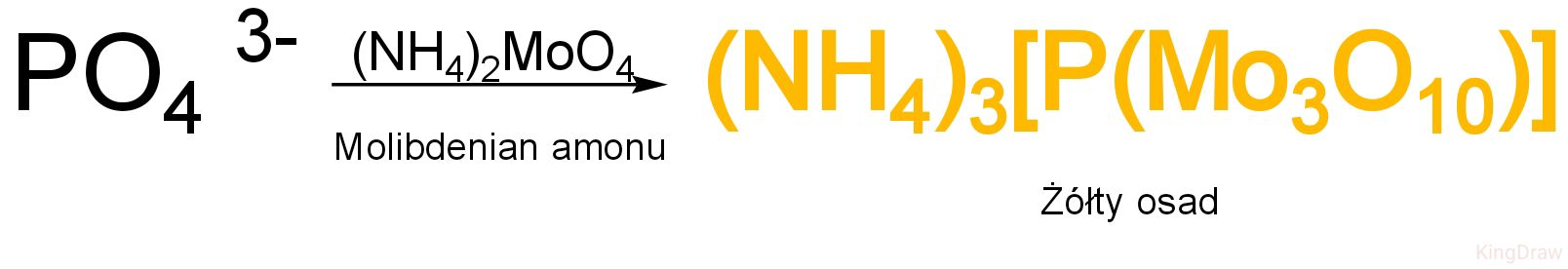 <p><strong><mark data-color="yellow" style="background-color: yellow; color: inherit;">Substraty:</mark></strong></p><ol><li><p><mark data-color="yellow" style="background-color: yellow; color: inherit;">Jony ortofosforowe PO<sub>4</sub><sup>3-</sup>;</mark></p></li><li><p><mark data-color="yellow" style="background-color: yellow; color: inherit;">Molbidenian amonu (NH<sub>4</sub>)<sub>2</sub>MoO<sub>4</sub>.</mark></p></li></ol><p><strong><mark data-color="purple" style="background-color: purple; color: inherit;">Obserwacje:</mark></strong><mark data-color="purple" style="background-color: purple; color: inherit;"> Pojawia się </mark><span style="color: yellow;"><strong><mark data-color="purple" style="background-color: purple; color: inherit;">żółty osad</mark></strong></span><mark data-color="purple" style="background-color: purple; color: inherit;">.</mark></p>