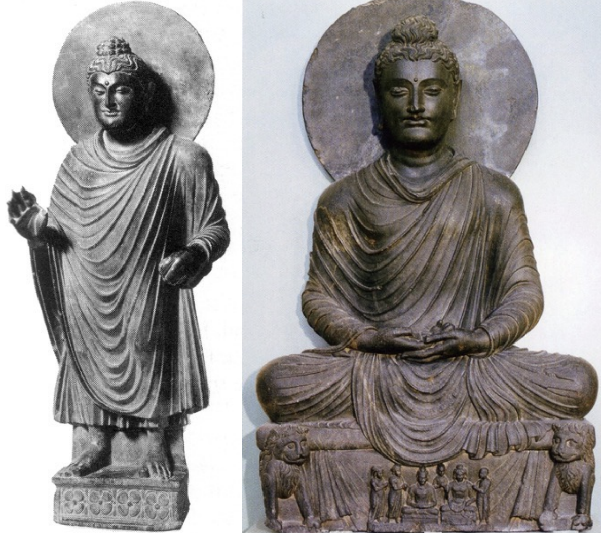 <p>An ancient artistic style originating from the Gandhara region in present-day Pakistan and Afghanistan, characterized by a fusion of Hellenistic (influence of Greco-Roman style) and Indian influences, particularly in Buddhist art and sculpture; 2-3rd century CE; made with gray schist</p>