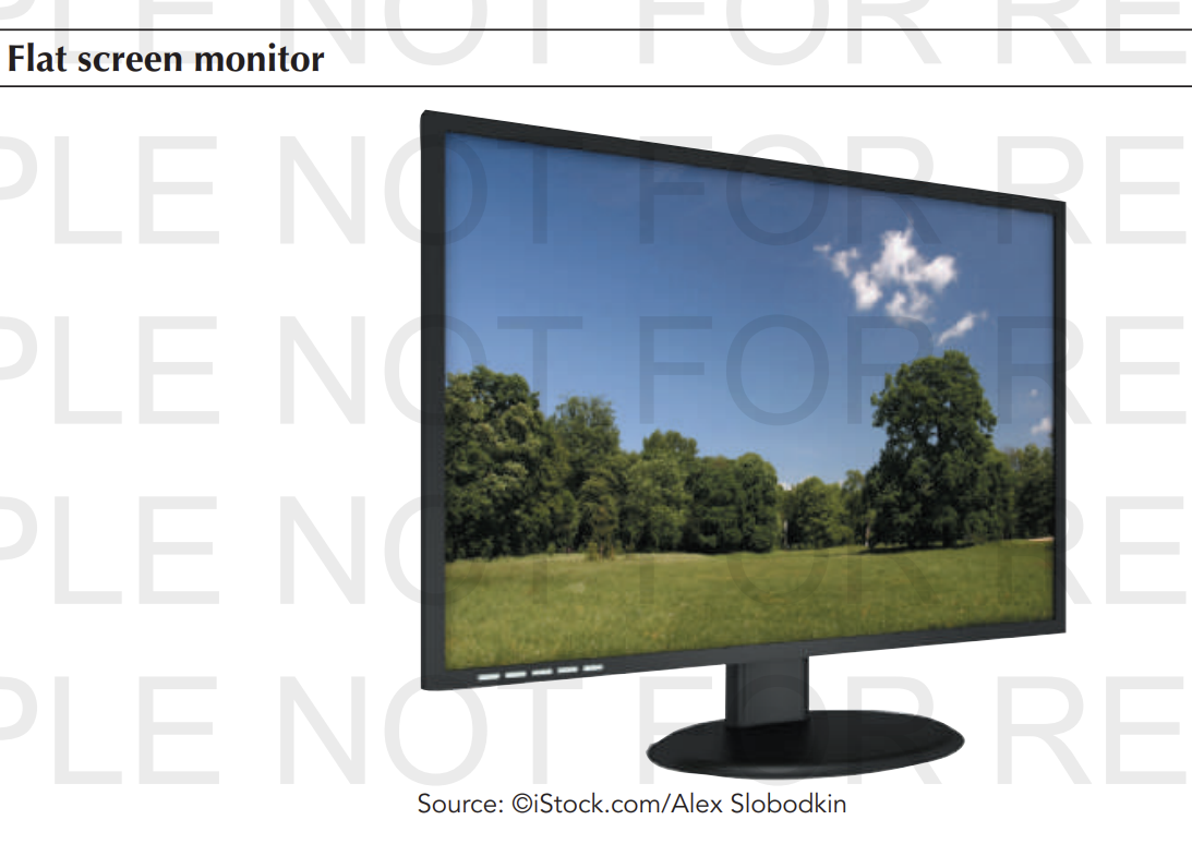 <p>Common devices for displaying output are monitors and printers.<br><br><strong><u> Flat screen monitor</u></strong> or <strong><u>flat panel monitor.<br></u></strong>Some flat screen monitors use <strong><u>LCD (liquid crystal display)</u></strong> technology within a layer of liquid crystal, and require a backlight<br>Flat screen monitors labeled as <strong><u>LED (light emitting diode) </u></strong>monitors use LEDS to provide the backlight which is more energy efficient.</p>