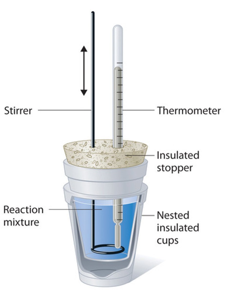 <p>A calorimeter is a device used to measure the quantity of heat flow in a chemical reaction. The type shown in the diagram below is a "coffee cup calorimeter", used to measure neutralisation and similar reactions</p><p>● It consists of a covered container surrounded by insulation (such as styrofoam), to minimise heat getting in from the surroundings, because it only wants to measure the heat flow in the chemical reaction.</p><p>● A thermometer measures the temperature of the system as the reactants are stirred.</p>