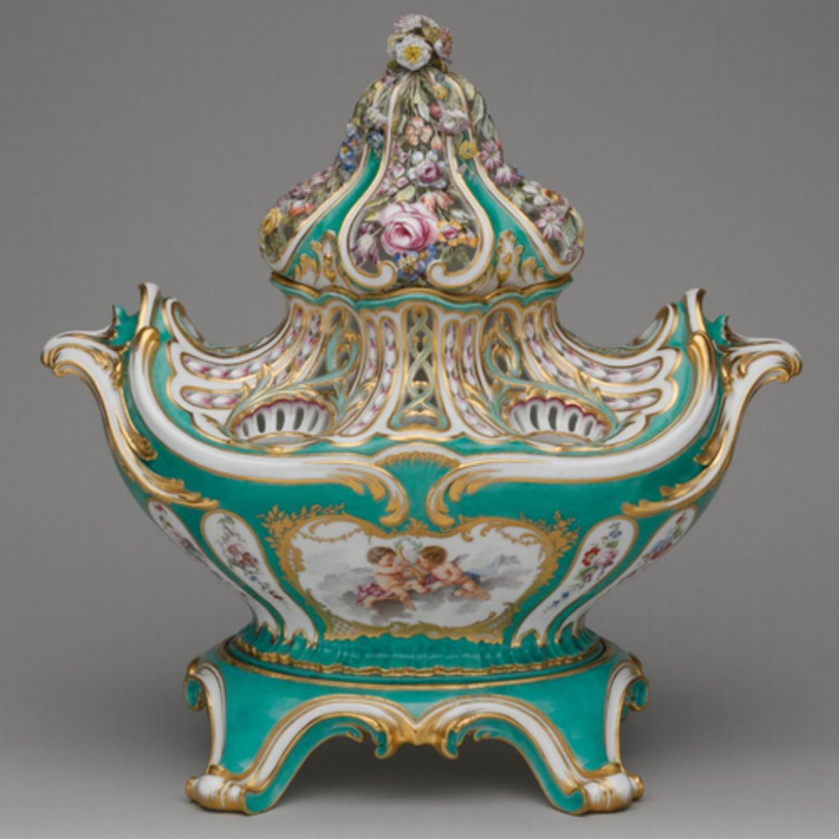 <p>Soft-paste porcelain founded in Vincennes, France (1740) dominating European ceramics for the 2nd half of the 18th century; produced whiter and freer of imperfections; hired most talented French artists to design; attracted the attention of Louis XV who provided financial backing and purchased the first dinner service they produced; flourished because of its constant innovation</p>
