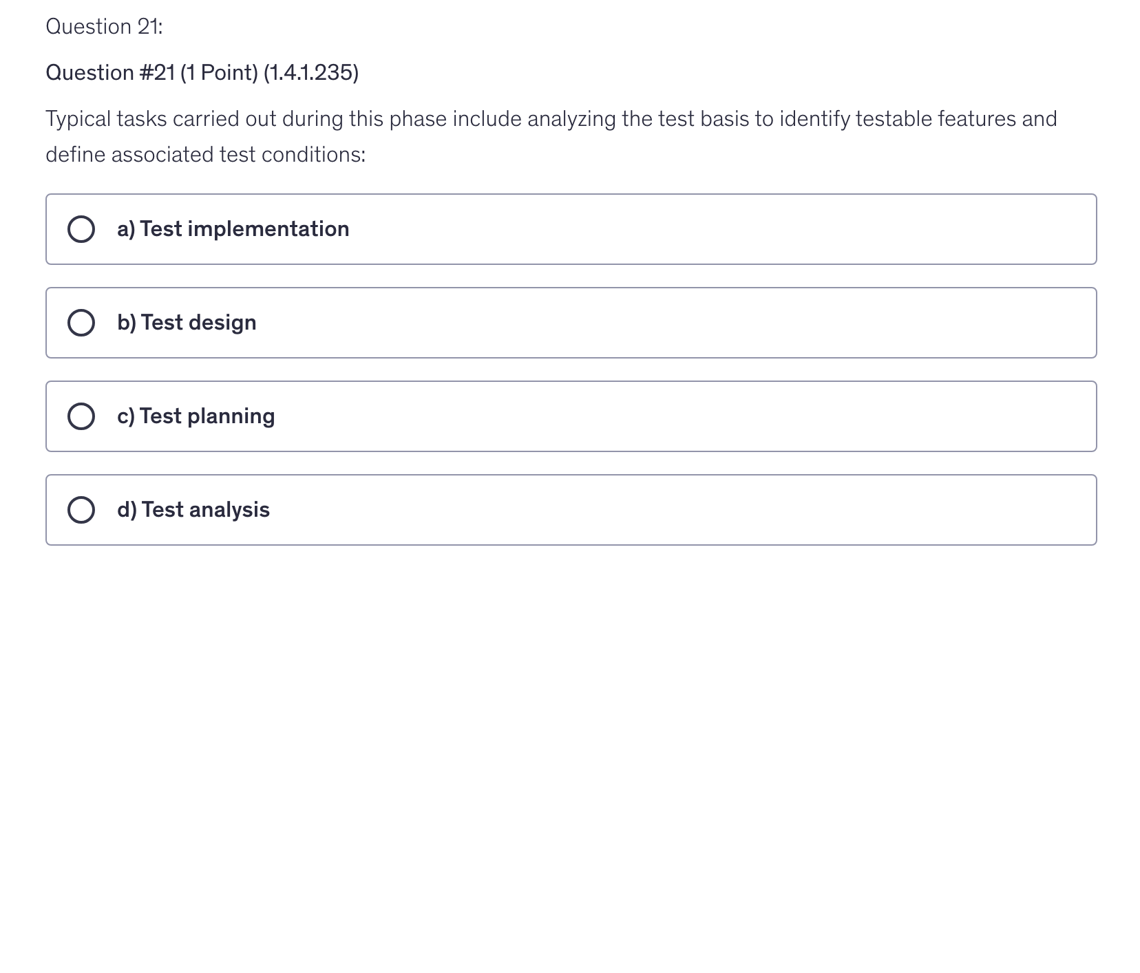 <p>Typical tasks carried out during this phase include analyzing the test basis to identify testable features and define associated test conditions:</p>