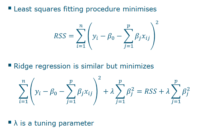 <p>As with least squares, ridge regression seeks coefficient estimates that fit the data well, by making the RSS small</p><p>However, the second term (shrinkage penalty) is small when beta1, … beta p are close to zero and thus it has the effect of shrinking the estimates of Betaj towards zero</p><p>The tuning parameter lambda serves to control the relative impact of these two terms on the regression coefficient estimates</p>