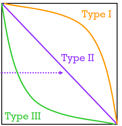 <ul><li><p>Risks of mortality that are specific to age</p></li><li><p>lx = probability that individual is still alive at age x</p></li><li><p>l0 = 1 because babies are born</p></li><li><p>Can range from 0 to 1 because it is a probability.</p></li><li><p>Type 1 = convex curve (low early death) humans</p></li><li><p>Type 2 = straight line (constant mortality)</p></li><li><p>Type 3 = concave curve (high early death)</p></li></ul>