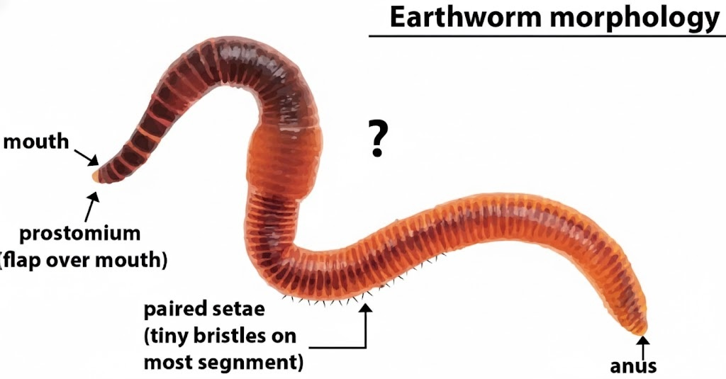 <p>What is the thick, smooth band on the earthworm's body, indicated by the question mark, called?</p>