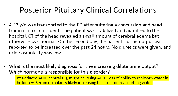 <p>What is the most likely diagnosis for the increasing dilute urine output? Which hormone is responsible for this disorder?</p><p></p>