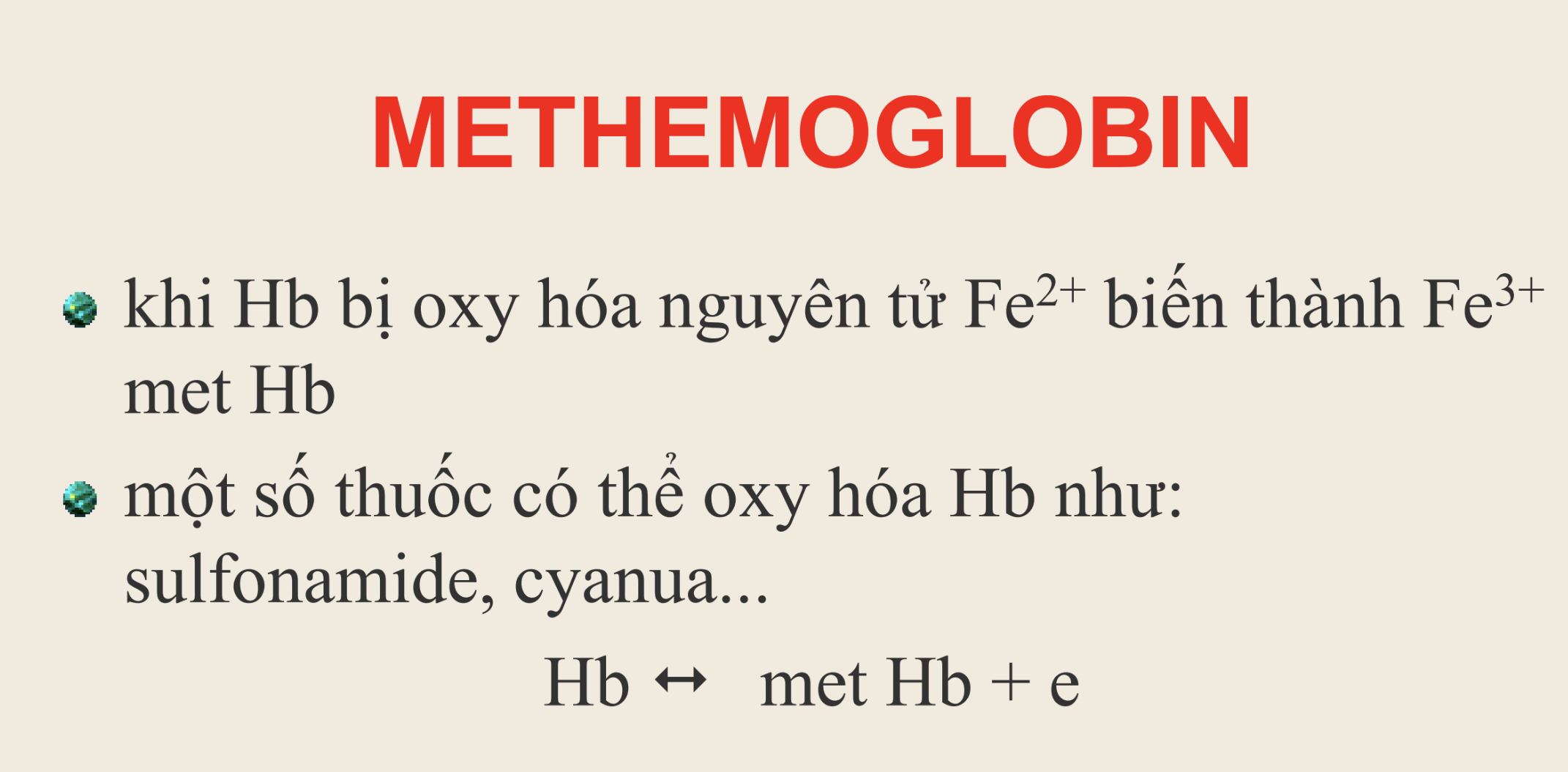 <p><strong>Tác nhân nào sau đây có thể gây oxy hóa hemoglobin tạo thành methemoglobin?</strong></p><p>A. Paracetamol</p><p>B. Sulfonamide</p><p>C. Aspirin</p><p>D. Penicillin</p>