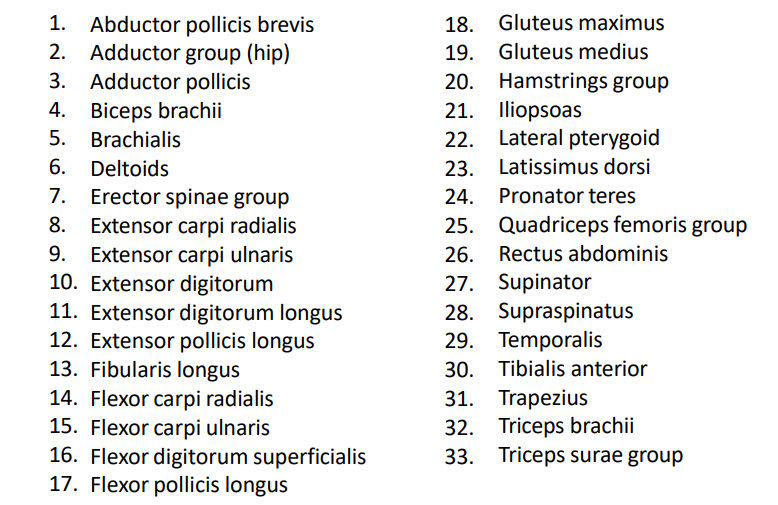 <p>ALL SLIDES FROM NOW ON GO FROM HEAD DOWN TO TOES</p><p>IF TWO GROUPS HAVE OPPOSITE MOVEMENTS at the same joint (E.g FLEXION AND EXTENSION, THEY ARE A PAIR OF AGONIST AND ANTAGONISTS)</p>