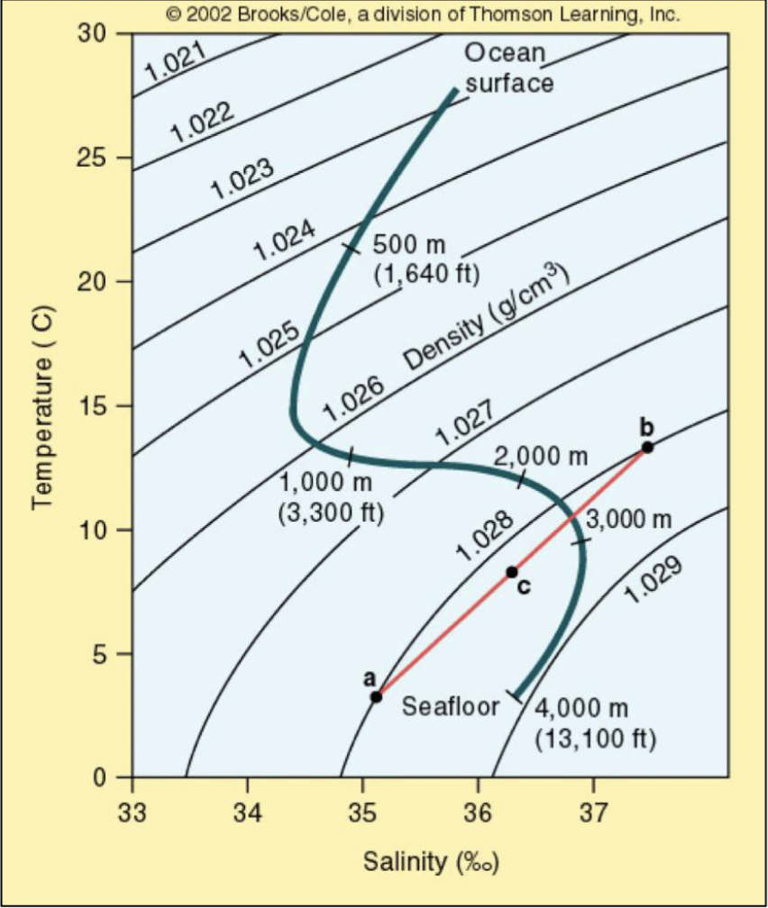 <p>Lines of the same density across different pressures and temperatures (shape of line due to position of water masses)</p>