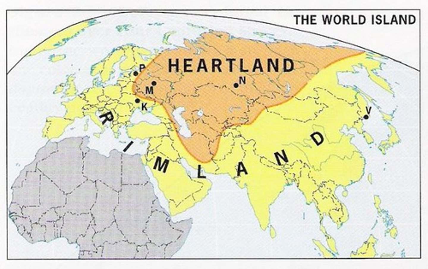 <p>A geopolitical hypothesis, proposed by British geographer Halford Mackinder during the first two decades of the twentieth century, that any political power based in the heart of Eurasia could gain sufficient strength to eventually dominate the world. Mackinder further proposed that since Eastern Europe controlled access to the Eurasian interior, its ruler would command the vast "heartland" to the east</p>
