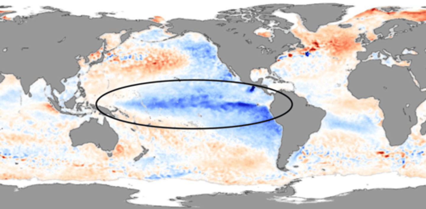 <p>A climate phenomenon where the eastern equatorial pacific is abnormally cool</p>