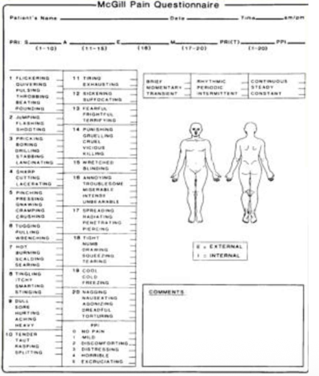 <p><span>– Most frequently used multidimensional tool</span><br><span>– Sensory Intensity</span><br><span>– Emotional Impact</span><br><span>– Cognitive evaluation of pain</span></p>