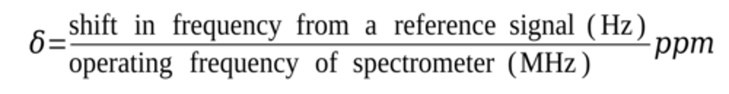 <p>The difference in resonance frequency (Dn) is small but measurable and isusually quoted as the chemical shift (d)</p><p>remember to tun MHz into Hz by 10^6</p>