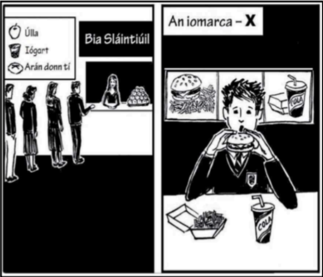<p>Pictiúr 3, Abairt 4 - There were big, long queues at lunch time.</p>