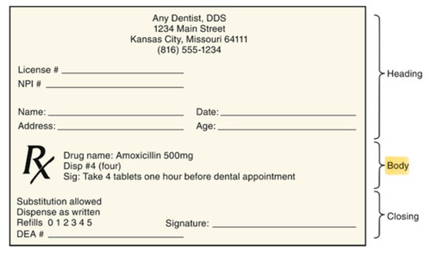<p>- Symbol Rx</p><p>- Name &amp; dosage, size, or concentration (liquids) of the drug</p><p>- Amount to be dispensed</p><p>- Directions to the patient of drug, dose, form, &amp; amount</p>