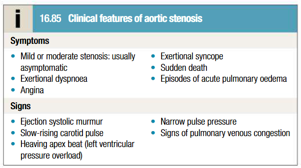 <ul><li><p>Cardinal symptomes: SAD (Syncope, Angina, Dypnoea/breathlessness)</p></li><li><p>Agina: increased demands of hypertrophied LV working against high pressure outflow tract obstruction/presence of coexisting CAD</p></li><li><p>Dypnoea: cardiac decompensation due to excessive pressure overload placed on LV</p></li><li><p>Syncope on exertion: CO fails to meet demand leading to fall in BP</p></li><li><p>Harsh ejection systolic murmur radiates to neck: saw cutting wood and may have musical quality like mew of seagull in older patients</p></li><li><p>Soft S2 with reverse split (particularly in those with calcified valves)</p></li><li><p>S4 in some cases</p></li><li><p>Older patients with non compliant arterial system may have apparantly normal carotid upstrock </p></li><li><p>Mild cases must be differentiated from aortic sclerosis</p></li><li><p>Pulsus parvus et tardus (low vol, slow rising and late peaking pulse)</p></li><li><p>Apico-carotid delay and carotid artery thrill (shudder)</p></li><li><p>Decrease in systolic BP, low pulse pressure</p></li><li><p>Sustained/heaving apex beat</p></li><li><p>Systolic thrill in aortic area</p></li></ul><p></p>