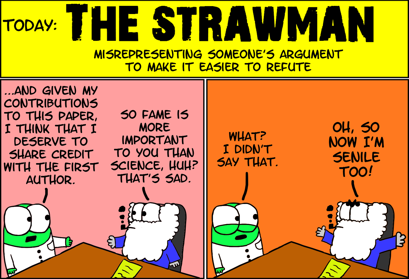 <p>&gt;&nbsp;the distortion or exaggeration of another person's argument or position, so it is easier to attack</p><p><strong>&gt;</strong> Arguer sets up weaker version of opponents position</p>