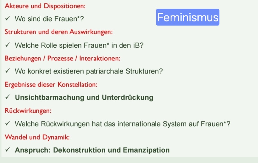 <p><span><em>DAS PRIVATE IST POLITISCH</em></span><br><span>- weiblichen“ Eigenschaften zur vermeintlich unpolitischen häuslichen Privatsphäre: Frauen als Akteurinnen in Politik unsichtbar</span><br><span>- Frauen von Macht ausgeschlossen </span><br><span>– Dominanz- und Machtstrukturen werden reproduziert →Sichtbarmachung unsichtbarer Frauen</span><br><span>- Auflösung einer Dichotomie(Zweiteilung) von privat und öffentlich</span><br></p>