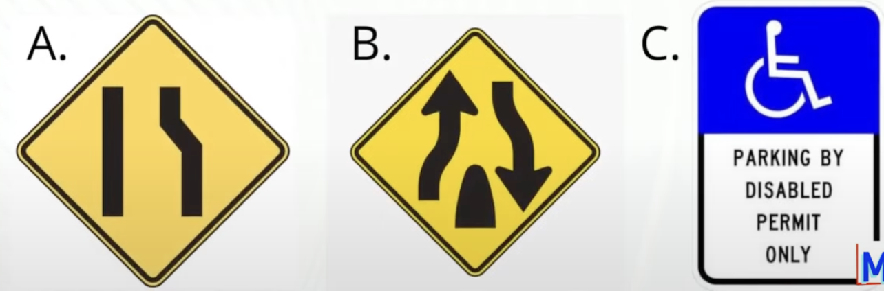 <p>Reduction of lanes. There will be fewer lanes ahead. This right lane ends and traffic must merge left. Drivers in the left lane should allow others to merge smoothly. </p>