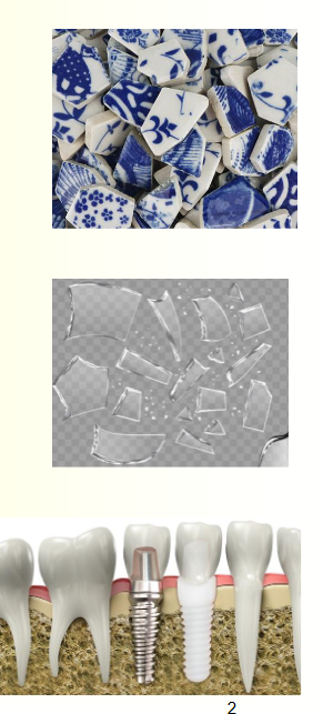 <ul><li><p><span>Definition: an inorganic, nonmetallic solid<br>prepared from powdered materials and<br>fabricated into products through the application<br>of heat</span></p><ul><li><p><span>Primarily ionic and covalent bonds</span></p></li></ul></li><li><p><span>Categories of these materials</span></p><ul><li><p><span>crystalline (bio-resorbable or inert) ceramics</span></p></li><li><p><span>glass, amorphous,</span></p></li><li><p><span>glass-ceramics, starts as a glass and ends up as<br>a polycrystalline ceramics possibly with a<br>residue glassy matrix.</span></p></li></ul></li><li><p><span>General properties:</span></p><ul><li><p><span>Ionic bond =&gt;Difficult to shear, very low ductility,<br>high compressive strength, low tensile strength;</span></p></li><li><p><span>Low thermal and electrical conductivity</span></p></li><li><p><span>Refractory and high Tm</span></p></li><li><p><span>High hardness  dental materials</span></p></li><li><p><span>&nbsp;Aesthetically pleasing appearance </span></p></li></ul></li></ul><p></p>