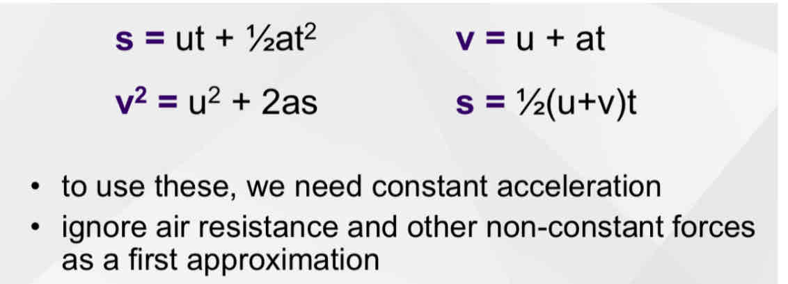 <ul><li><p>How a body <strong>moves airborne</strong> </p></li><li><p>Applies the <strong>Equations of constant acceleration</strong> (displacement…)</p></li><li><p><strong>Parabolic</strong> Flight Path</p></li><li><p>Vertical Acceleration = <strong>-9.81m/s² </strong></p></li></ul>