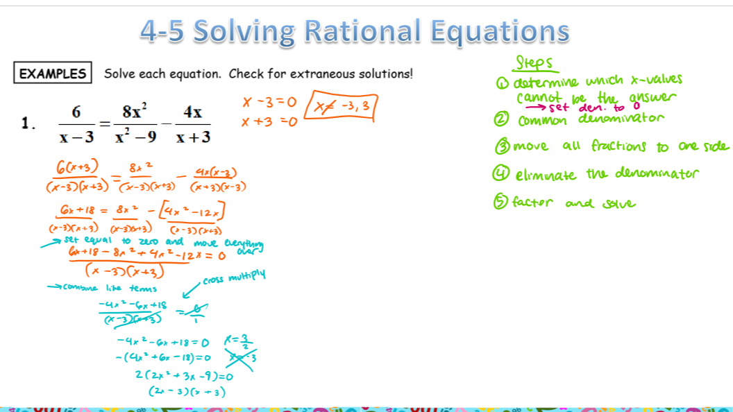 <ol><li><p>determine which x-values cannot be the answer by setting them to zero</p></li><li><p>create a common denominator</p></li><li><p>move all fractions to one side and set equal to zero</p></li><li><p>the denominator goes away </p></li><li><p>factor to find the x-values</p></li><li><p>check for extranneous solutions</p></li></ol>
