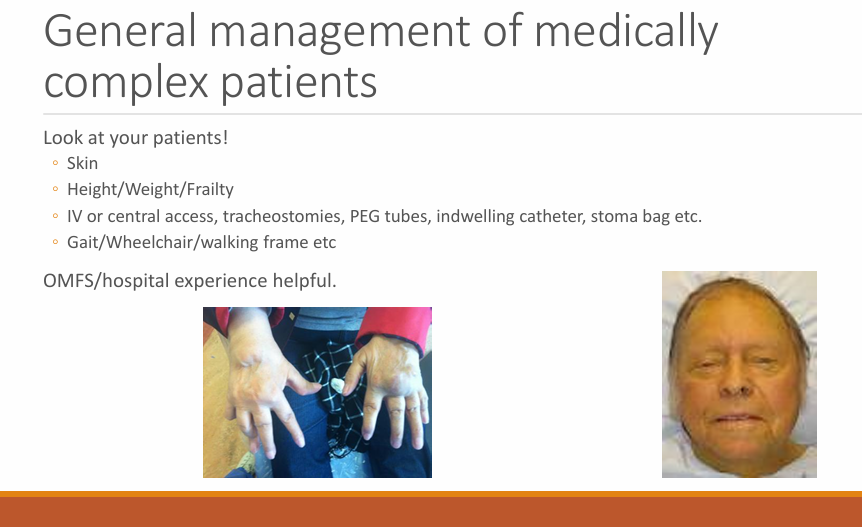 <p>Look at their:</p><ul><li><p>Skin</p></li><li><p>Height/weight/frailty</p></li><li><p>Gait/wheelchair/walking frame</p></li><li><p>IV or central access, tracheostomy, PEG tubes, indwelling catheter, stoma bag (additional medical devices)</p></li><li><p></p></li></ul><p></p>