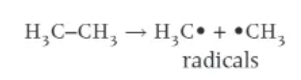 <ul><li><p>each of the bonded atoms takes one of the shared pair of electrons from the bond </p><ul><li><p>each atom now has 1 unpaired electron </p></li><li><p>forms 2 radicals </p></li></ul></li></ul><p></p>