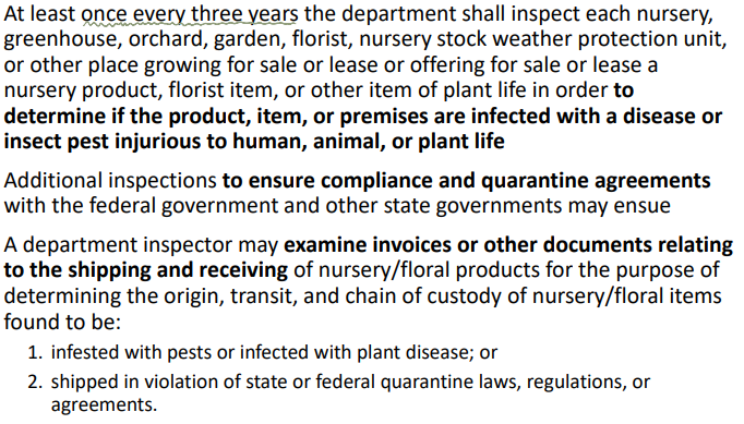 <p>A nursery dealer or nursery agent must register with the department under this section before offering for sale or lease or otherwise distributing a nursery product. </p><p>Nursery Dealers and Agents must apply for __ registration and renew that registration annually!!</p>